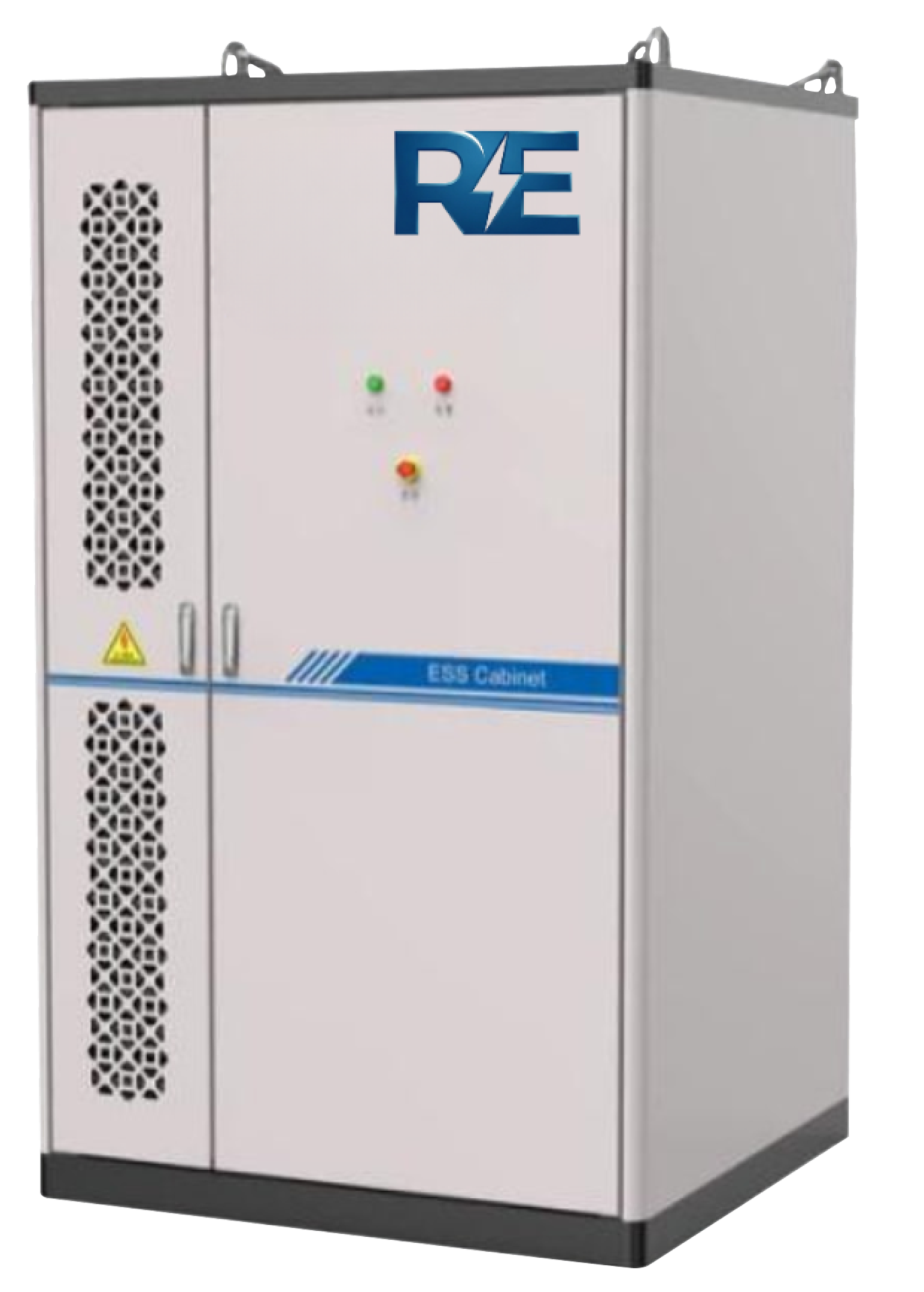 最新型蓄電池:R/Eロゴ付きESS Cabinetキャビネット型蓄電ユニット